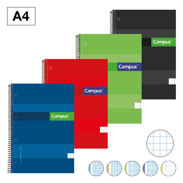 BLOC ESPIRAL TAPA EXTRADURA CAMPUS A4 160 HOJAS MICROPERFORADO 70 GRAMOS CUADRICULA 5 MM.