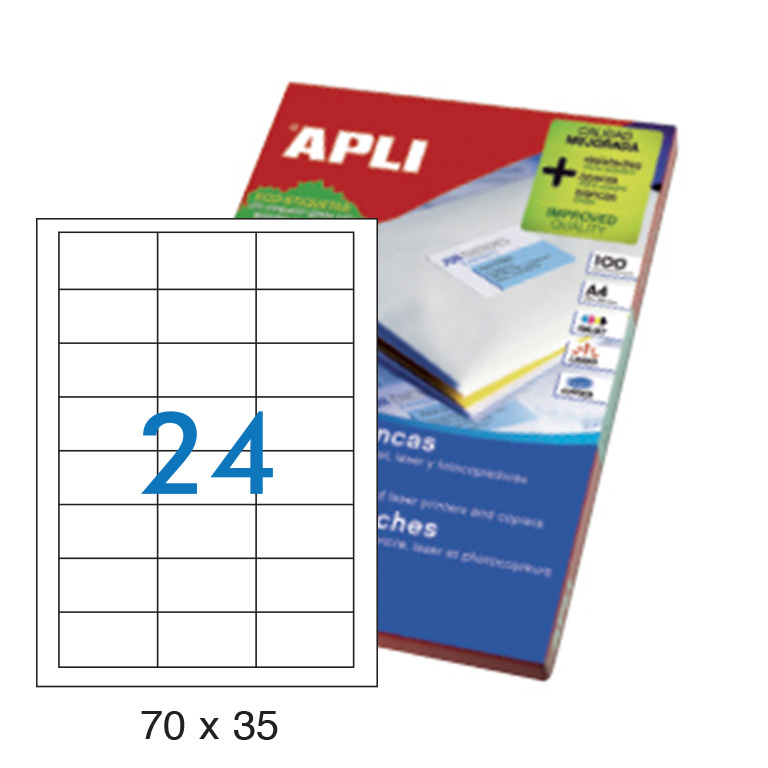 ETIQUETAS AUTOADHESIVAS APLI 70X35MM CANTOS RECTOS 24ETIQUETAS X HOJA PAQUETE 100 HOJAS A4