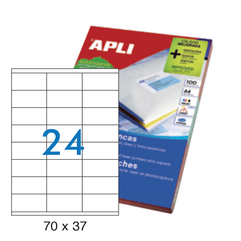 ETIQUETAS AUTOADHESIVAS APLI 70X37MM CANTOS RECTOS 24 ETIQUETAS X HOJA PAQUETE 100 HOJAS A4