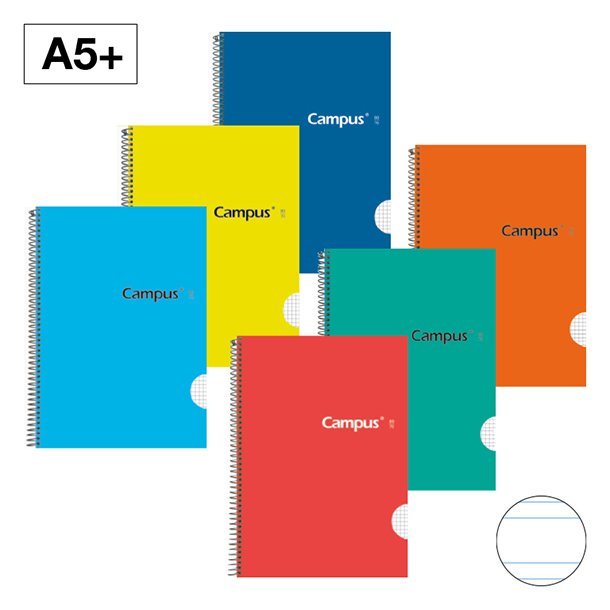 BLOC ESPIRAL TAPA DURA CAMPUS A5+ 80 HOJAS 70 GRAMOS DOBLE PAUTA 3,5 MM.