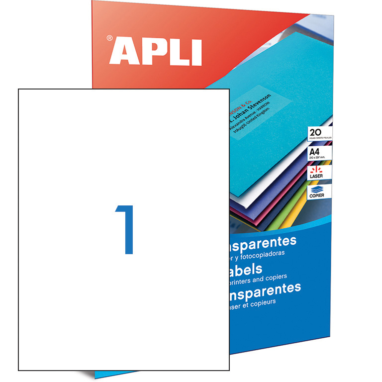 ETIQUETAS AUTOADHESIVAS TRASLÚCIDAS APLI A4 210MMX297MM 1 ETIQUETA X HOJA PAQUETE DE 20 HOJAS