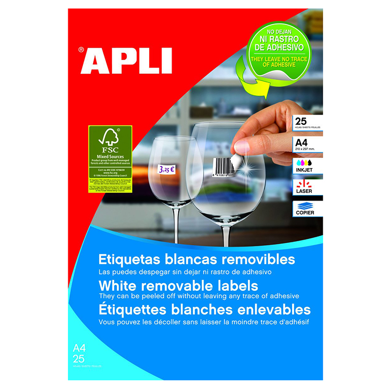ETIQUETAS AUTOADHESIVAS REMOVIBLES APLI 17,8MMX10 MM CANTOS REDONDEADOS 270 ETIQUETAS X HOJA PAQUETE DE 25 HOJAS