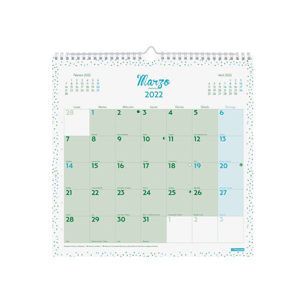 CALENDARIO CHIC DE PARED PARA ESCRIBIR 2022 COLOR VERDE