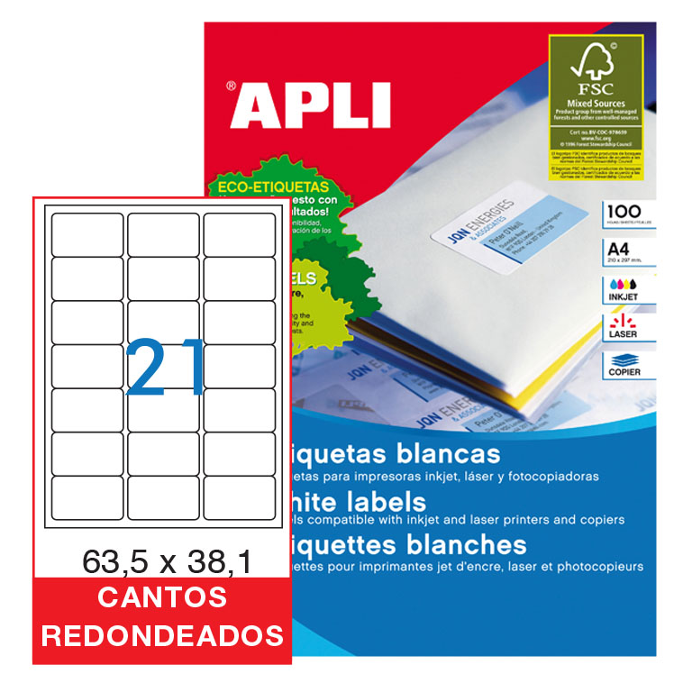 ETIQUETAS AUTOADHESIVAS APLI A4 63,5X38,1 CANTOS REDONDEADOS 21 ETIQUETAS X HOJA PAQUETE DE 100 HOJAS
