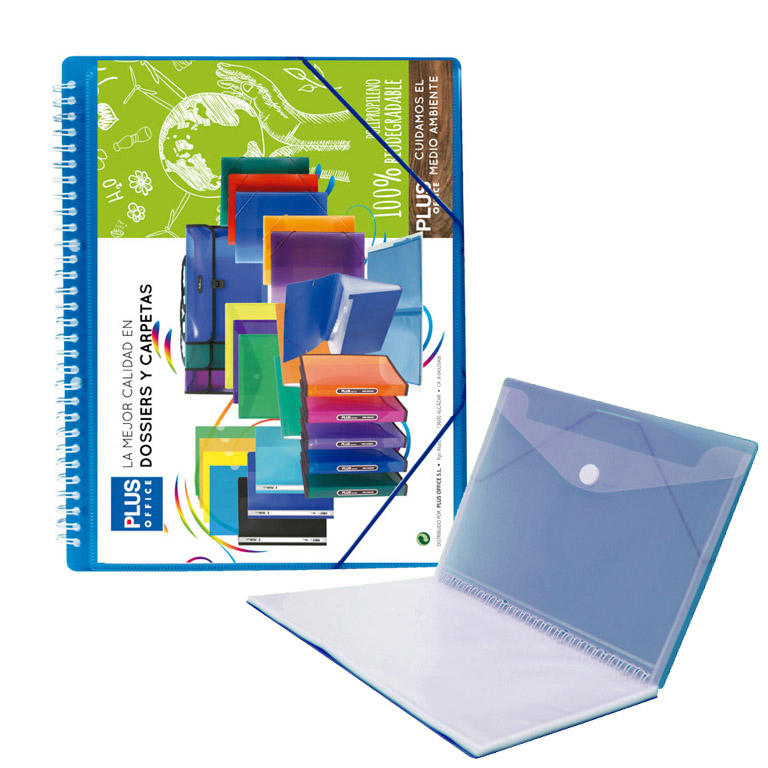 CARPETA PLUS OFFICE ESPIRAL TAPAS RIGIDAS PERSONALIZABLES 20 FUNDAS TRANSPARENTES POLIPROPILENO A4 CON GOMAS COLOR AZUL