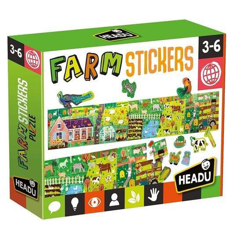 JUEGO EDUCATIVO HEADU PUZZLE GRANJA Y PEGATINAS